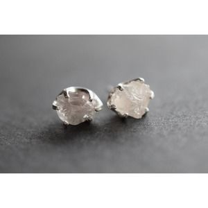 Sterling silver stud earrings, alternative diamond, uncut natural gemsto…